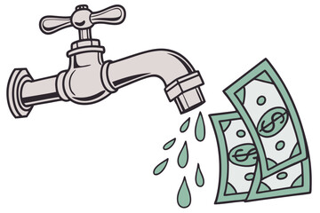 Faucet Spilling Money A visual representation of cash flow, depicting bills flowing from a faucet, a metaphor for financial stability