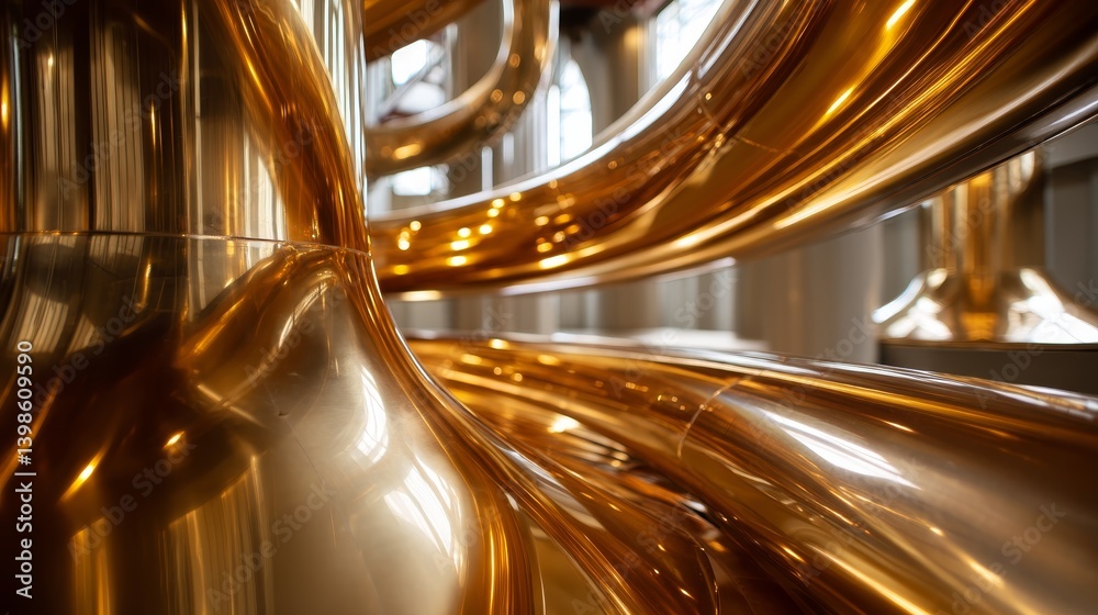 Aufkleber polished copper pipes twist and curve intricately in a factory interior, their metallic sheen captur