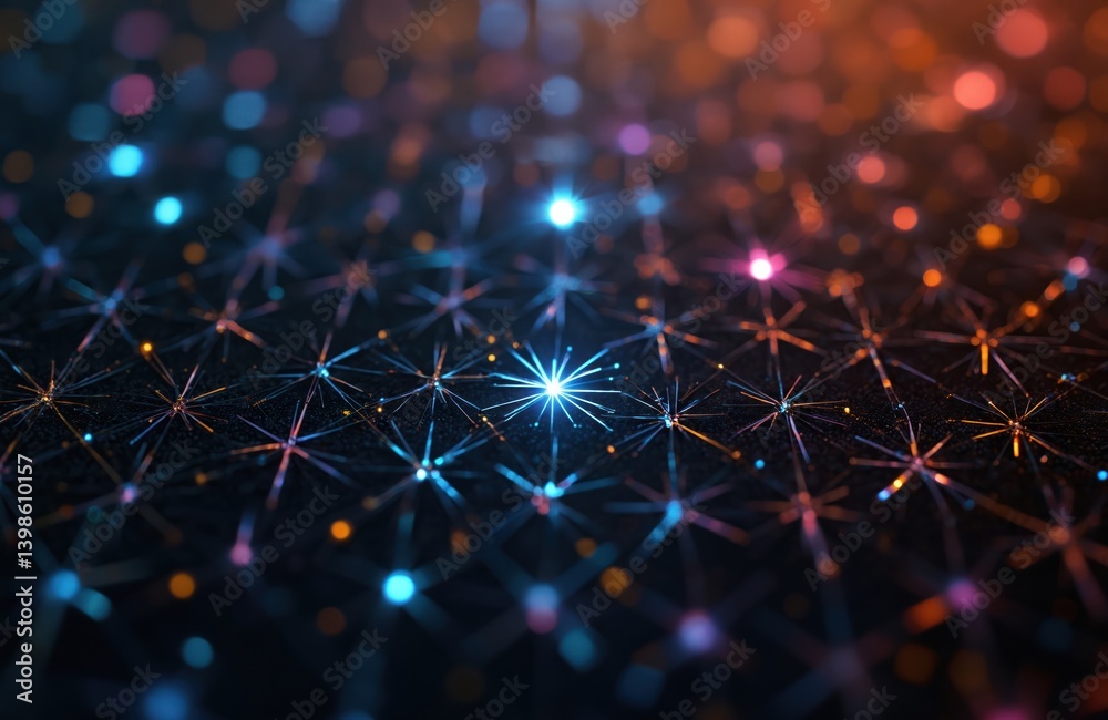 Poster abstract 3d render of bright glowing stars, lines, dots background. modern digital art design with f