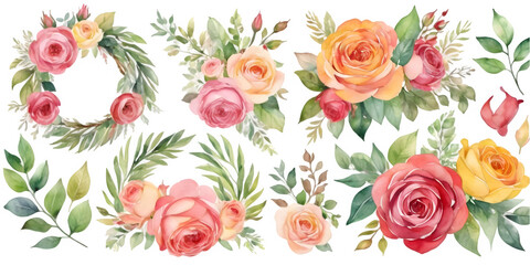 watercolor pink roses clipart, set of roses clipart, roses wreath clipart, watercolor rose wreath clipart on white background, PNG roses clipart