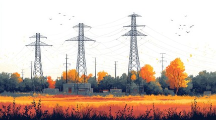 Power lines stand tall in a vibrant autumn landscape with colorful trees and distant birds