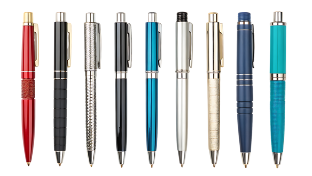 Collection of colorful metal pens for writing and office supplies on transparent background