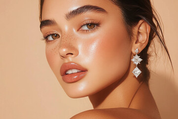 Close-up portrait of a beautiful woman wearing earrings.