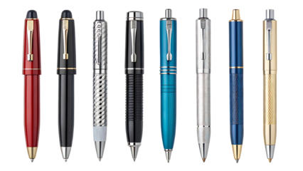 Collection of luxury fountain pens, writing instruments on transparent background