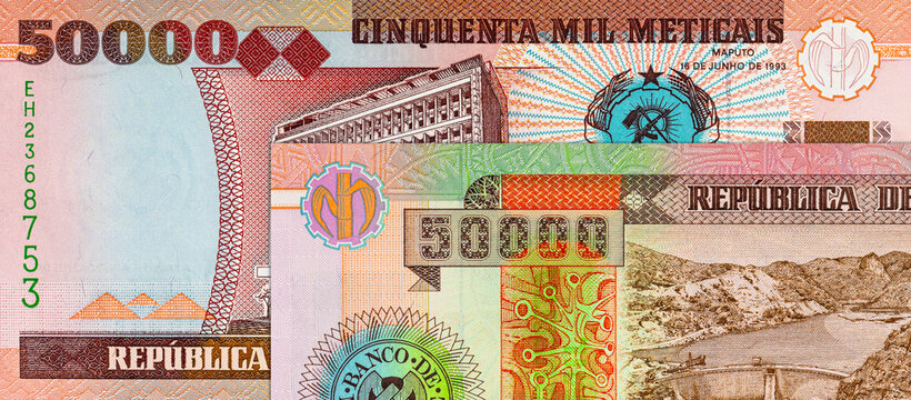 Mozambique 50000 Meticais 2003 banknote with the image of the Banco de Mocambique building in Maputo. Mozambican money