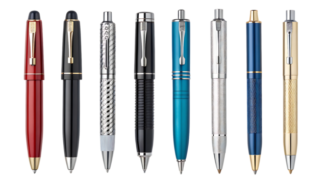 Collection of luxury fountain pens, writing instruments on transparent background