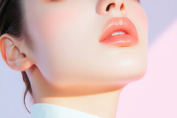 Close-up portrait of a woman with glossy lips.