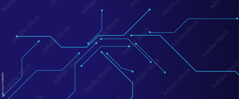 Poster Glowing light blue neon AI chip with thin circuit contact lines. Technology lines circuit and dots on blue background, circuit board network connection.