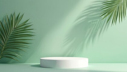 Minimalist round podium for product display. White platform on pastel mint green background with palm leaf shadow. Summer, tropical, nature, fashion, beauty, cosmetics, jewelry presentation mockup.