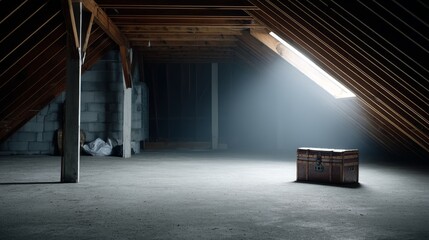 An antique wooden chest rests sealed in a dimly lit attic, surrounded by dust motes and beams of light, evoking a sense of mystery and nostalgia