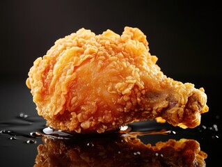Close-up image of a crispy fried chicken leg set against a dark reflective background. Highlights golden-brown texture and appetizing details.