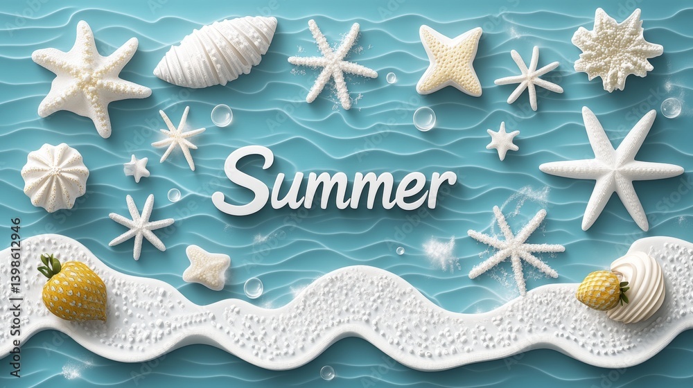 Fototapete a lively summer design showcasing a 3d modern typography with a sun and palm tree, complemented by a