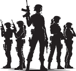 Silhouetted Soldiers Standing With Guns And Equipment