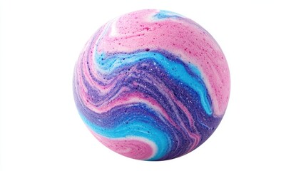 Colorful bath bomb with pink, blue, and purple swirls. Ideal for relaxation and aromatherapy. isolated white background, white background.