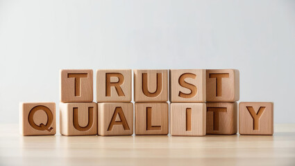 brand value loyalty equity. Wooden blocks arranged to spell "TRUST" and "QUALITY" against a light background, symbolizing confidence and value.