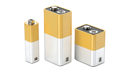 Three 9 volt batteries in gold and white on transparent background