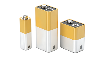 Three 9 volt batteries in gold and white on transparent background
