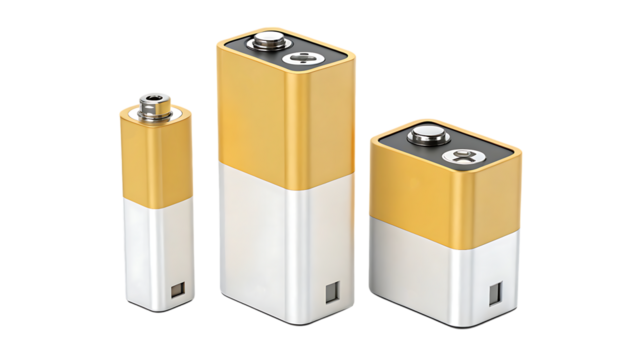 Three 9 volt batteries in gold and white on transparent background