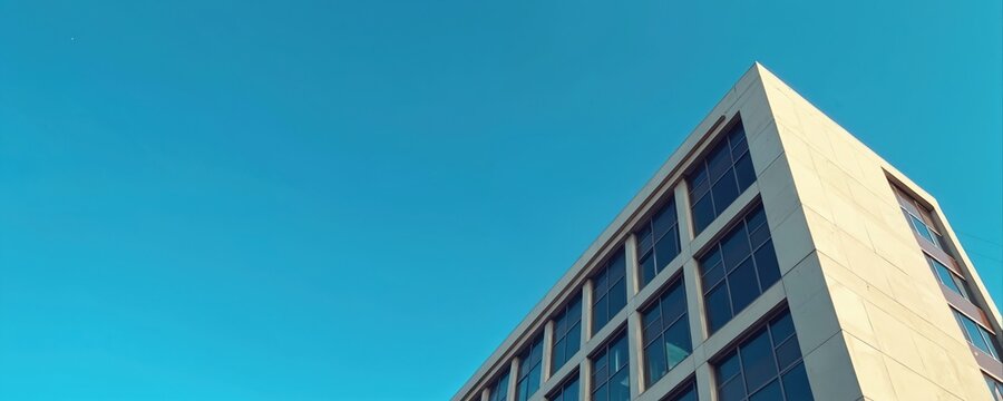 Low-angle view of modern office building exterior with blue sky background. Corporate real estate, business district, architecture, urban cityscape. Commercial property, skyscraper exterior. Modern