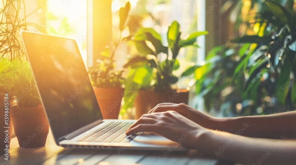 Aufkleber The warm sunlight filters through the window, illuminating a person hands typing on a laptop. Surrounding them are vibrant green plants, creating a tranquil workspace in a cozy indoor setting.