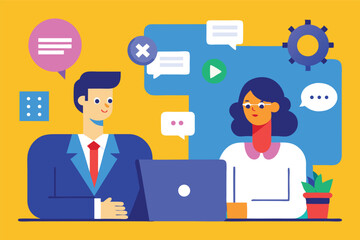 Flat illustration, office workers, man and woman, laptop, speech bubbles, colorful icons, teamwork, communication, bright background, vector art style, business meeting, professional attire, 