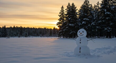 Fototapeta premium Snowman smiling in a snowy landscape at sunset 