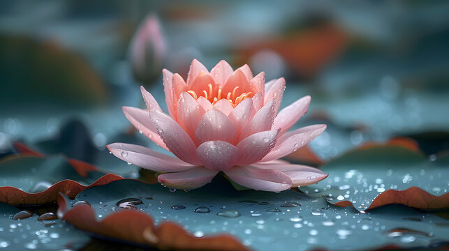 Close up of a pink lotus flower with water droplets on its petals and leaves in a tranquil setting - Ideal for desktop background, banner and more.