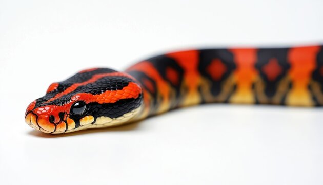 Close-up of Eastern coral snake Micrurus fulvius head eye. Red black scales with detailed pattern. Isolated white background. Venomous reptile. Dangerous snake. Wildlife in studio.