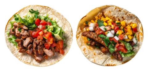 Two Delicious Tacos with Beef, Salsa, and Corn Isolated on Transparent Background, Mexican Food, High-Resolution Image, tacos, mexican cuisine, food photography