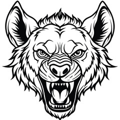 Aggressive Hyena Head, Black and White Tattoo Design, Open Mouth, Showing Sharp Teeth