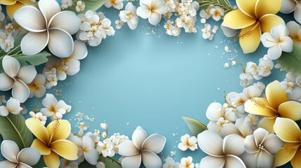 Tropical flowers border a hello summer message, all on a beige background