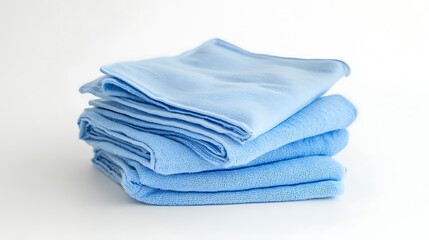 Stack of light blue towels neatly folded on a white background