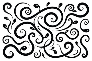 Fototapeta premium Black Swirls and Flourishes with Leaves Elegant Design on White Background