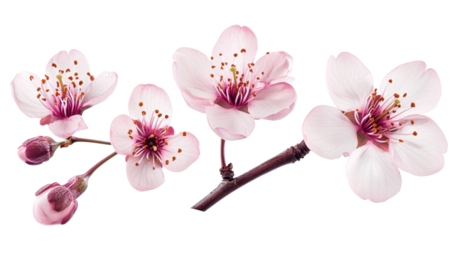 Pink Cherry Blossom Branch, Four Flowers, Isolated on Transparent Background, Spring Floral Design, High Resolution Image, Cherry blossoms, Spring flowers, Floral design