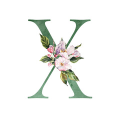 Floral Alphabet letter with botanical bouquet apple flowers. Wedding watercolor hand painted invitations, pink, purple, coral, greeting card, birthday, logo, poster 