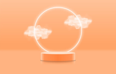 Abstract realistic orange 3d cylinder podium with clouds and circle ring lighting elegant. Minimal scene for product mockup. Pedestal for cosmetic product display. Vector geometric platform.
