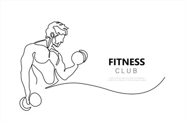 One continuous line drawing young strong model man bodybuilder posed. Fitness center gym logo concept. Dynamic single line draw design vector graphic illustration for bodybuilding competition contest
