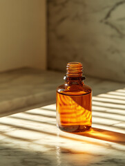 Amber glass bottle on marble surface with sunlight and shadows.