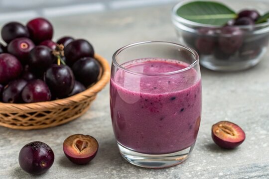 Juice of jamun fruit in a glass also called as java plum, jambolan plum, jambhul, syzygium cumini