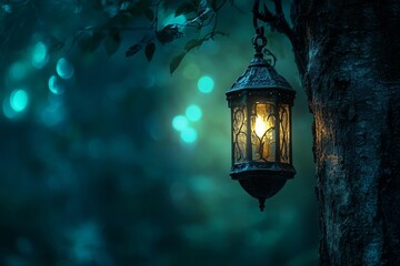 Enchanting nighttime forest scene with lantern, glowing light effect, and space for text