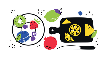 Healthy food banner. Fruits, slicing fruits on a cutting board. Vegetarian diet. Vector doodle illustration
