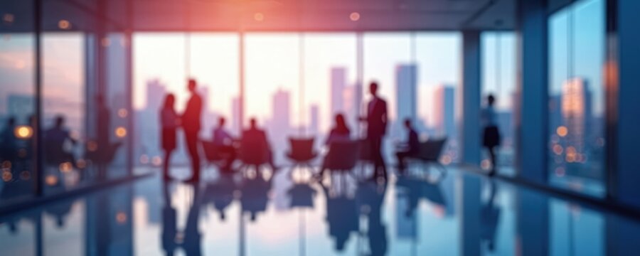 Blurred business people meeting against cityscape background. Office windows, skyscrapers, contemporary design in blue, pink, purple tones. Corporate pro elegant modern aesthetic look.