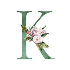 Floral Alphabet letter with botanical bouquet apple flowers. Wedding watercolor hand painted invitations, pink, purple, coral, greeting card, birthday, logo, poster 