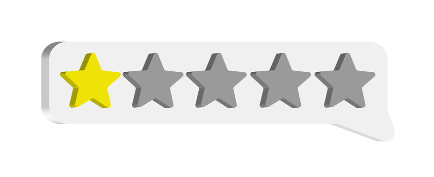 3D illustration of a star rating system with a yellow star in the center. Customer feedback service concept. The stars are gray, and only one is yellow. PNG format, transparent background.