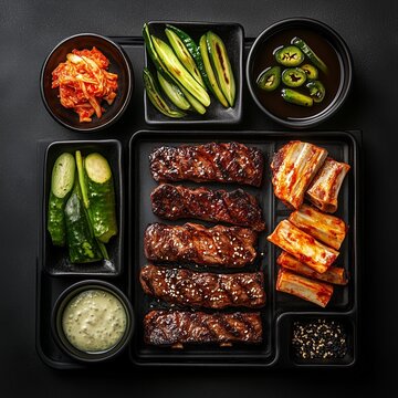 Korean grill with beef and geometric ingredients, vegetables in vinaigrette kimchi and karubi ribs, top view