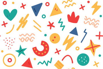 Colorful Geometric Abstract Shapes Pattern Heart, Star, Triangle, Circle, on White