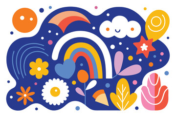 Fototapeta premium Colorful Geometric Shapes with Rainbows, Flowers, and Clouds on Blue Background