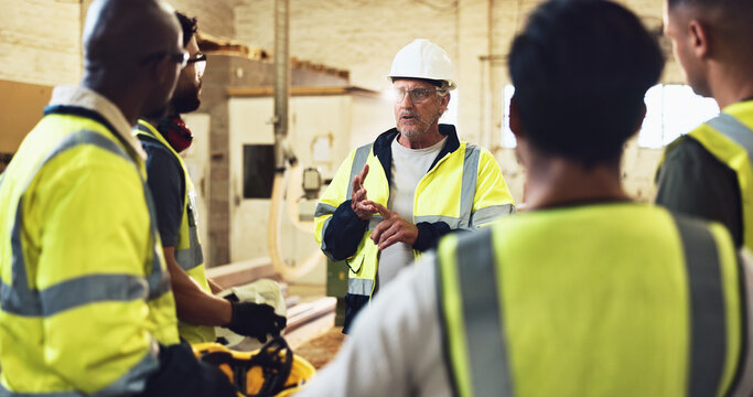Meeting, manager and construction team on site for planning with building, maintenance or repair. Discussion, engineering and industry workers with contractor for property development with renovation