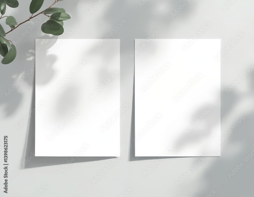 Poster blank white paper mockup with soft shadows, leaves overlay on the wall. empty paper photo mockup wit