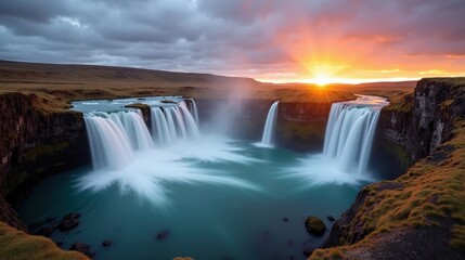 Fototapeta premium Detailed photo of Skogafoss waterfall in Iceland at dawn with cloudy sky, captured from a panoramic perspective.
